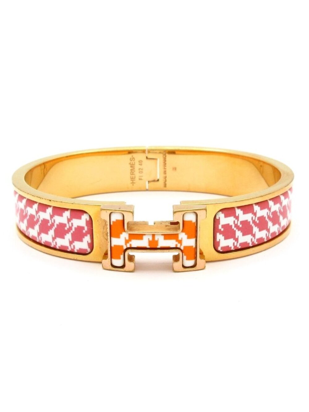 Hermes Bangle Click Gold White Pink Orange Houndstooth Bracelet